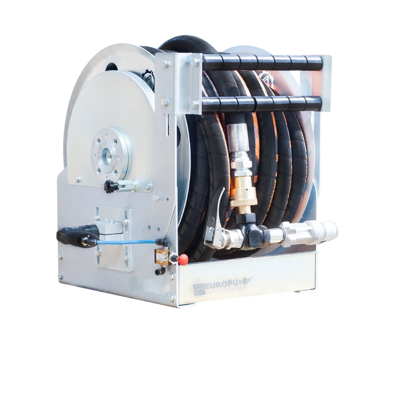 HOSE REEL WITH PNEUMATIC MOTOR 1-1/4" TRELLEBORG LPG HOSE 25 MTR REGO NOZZLE 360DEG C JOINT